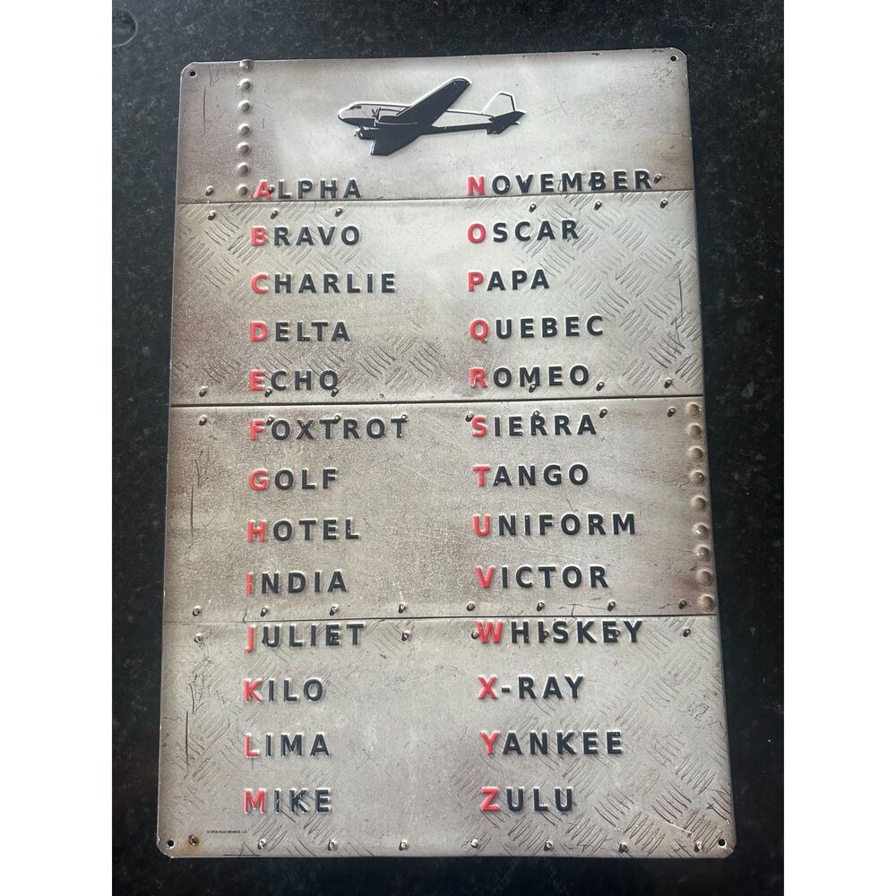 Alpha Bravo ABC Metal Wall Decor Aviation Phonetic Alphabet Pilot Sign